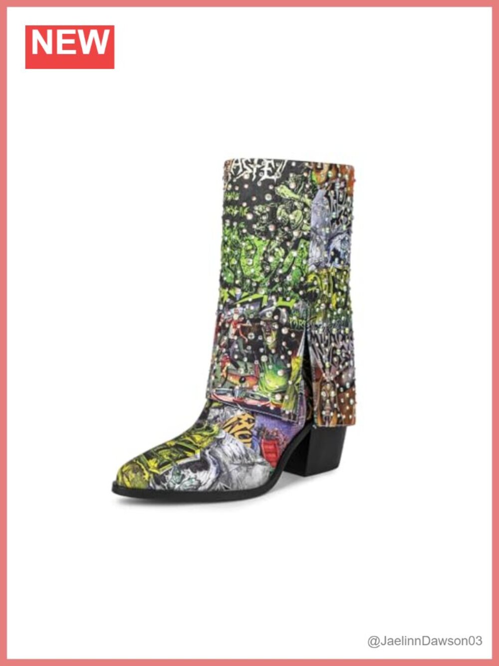 Women's Mid Calf Boots Chunky Heel Western Cowboy Punk Rhinestone Slip On Denim